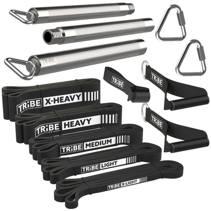 Black Tribe Lifting latex resistance bands set with five bands, chrome workout bar, carabiners, rubber handles, and door anchor attachments.