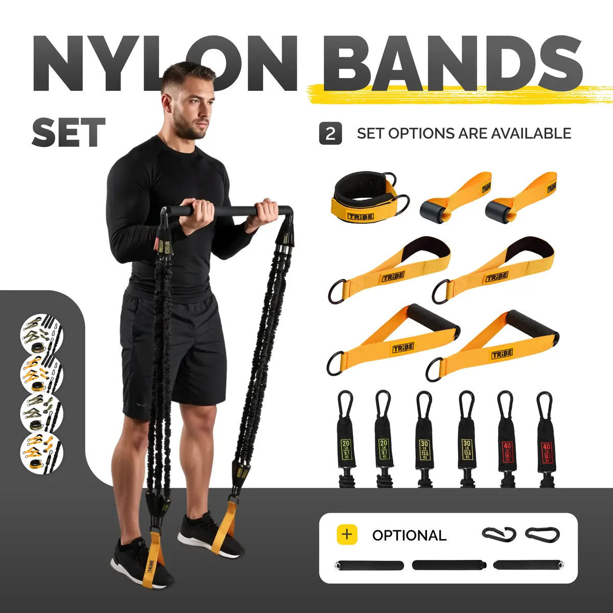Man using the Tribe Lifting nylon resistance bands set with handles, ankle straps, tube bands, carabiners, and optional bar attachments for full body strength training workouts.