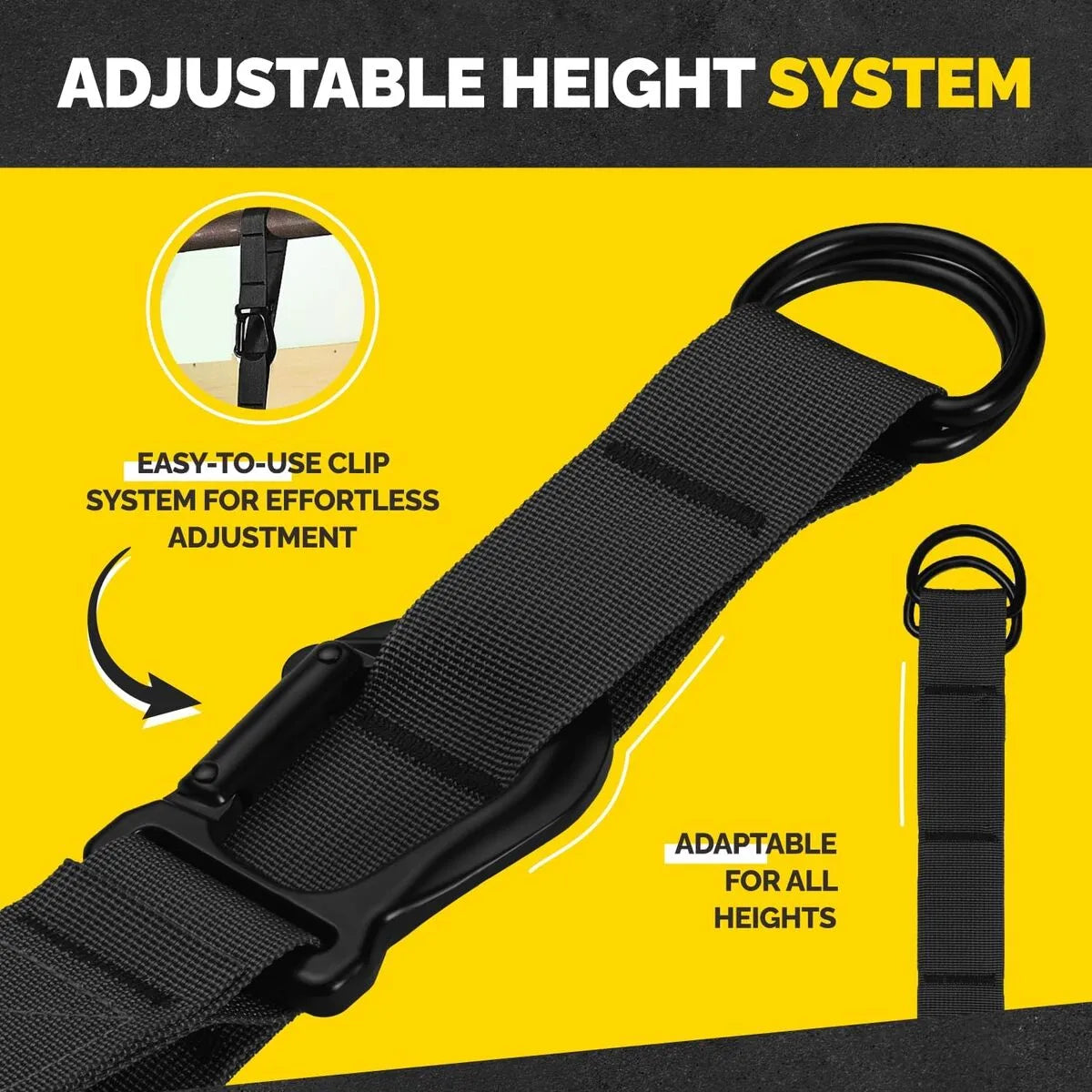 Black Tribe Lifting pull-up assistance strap with adjustable height system, easy-to-use clip, black metal rings, and adaptable fit for different user heights.