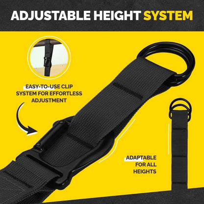 Black Tribe Lifting pull-up assistance strap with adjustable height system, easy-to-use clip, black metal rings, and adaptable fit for different user heights.