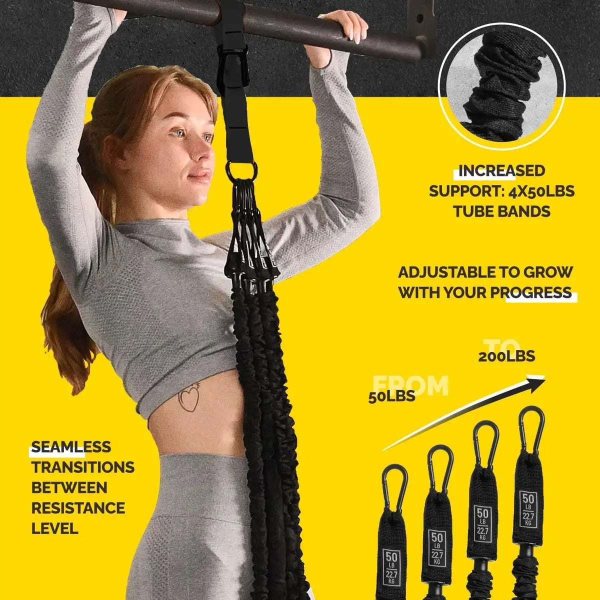 Woman using the black Tribe Lifting pull-up assistance set with four 50 lb tube bands, adjustable resistance, and seamless resistance level transitions for pull-up training.