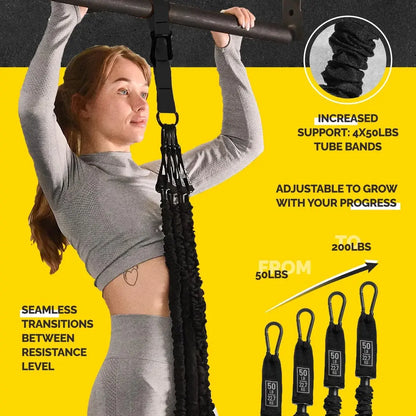 Woman using the black Tribe Lifting pull-up assistance set with four 50 lb tube bands, adjustable resistance, and seamless resistance level transitions for pull-up training.