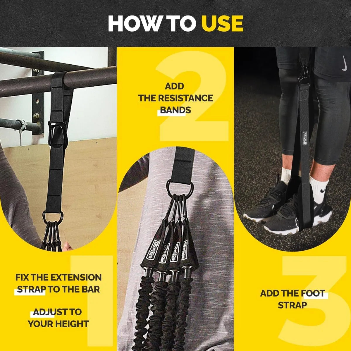 Black Tribe Lifting pull-up assistance set how-to guide showing the extension strap attached to a pull-up bar, resistance bands added, and foot strap setup.