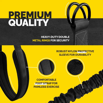 Black Tribe Lifting pull-up assistance set showing heavy-duty double metal rings, comfortable foot strap, and robust nylon protective sleeve for durable assisted pull-up training.