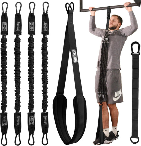 Man using the black Tribe Lifting pull-up assistance set with four 50 lb resistance bands, padded foot strap, adjustable extension strap, and pull-up bar attachment for assisted pull-up training.