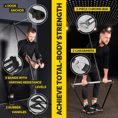 Man using black Tribe Lifting resistance bands with workout bar for squats, deadlifts, bicep curls, and upright rows.