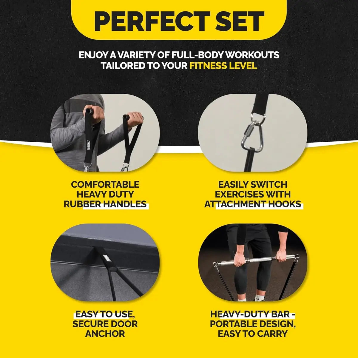Black Tribe Lifting resistance bands perfect set with rubber handles, attachment hooks, secure door anchor, and heavy-duty portable bar for full-body workouts.