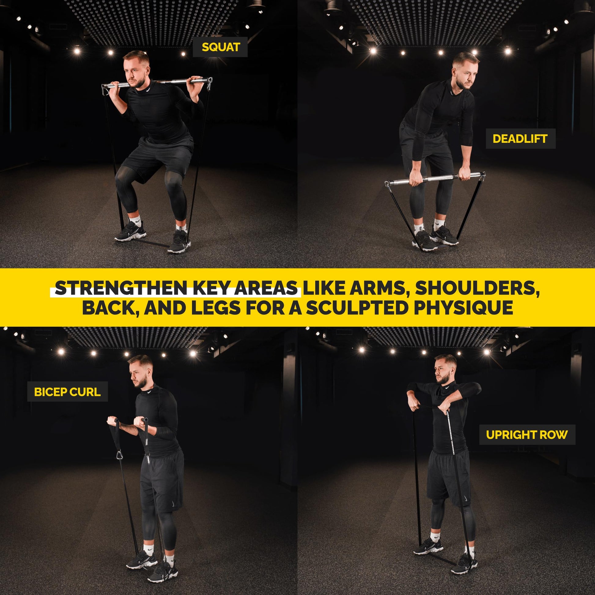 Man performing squat, deadlift, bicep curl, and upright row exercises with black Tribe Lifting resistance bands and portable workout bar.