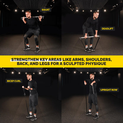 Man performing squat, deadlift, bicep curl, and upright row exercises with black Tribe Lifting resistance bands and portable workout bar.