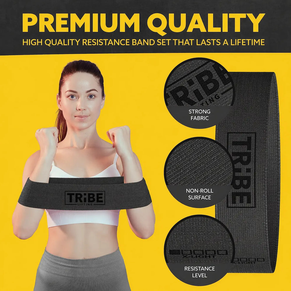 Black x-heavy fabric resistance band from the Tribe Lifting resistance bands set of 5 showing strong fabric and non-roll surface details