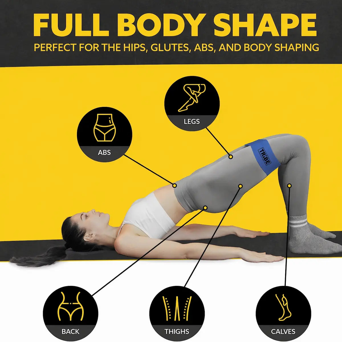 Woman demonstrating a glute bridge with the blue heavy fabric resistance band from the Tribe Lifting resistance bands set of 5 with target areas highlighted