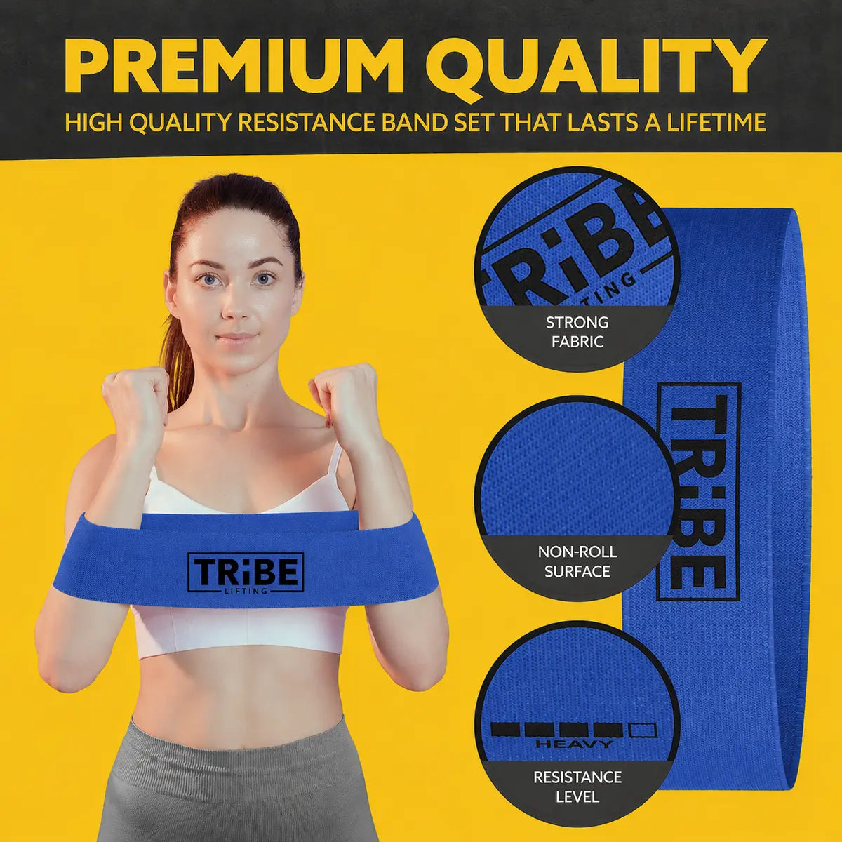 Blue heavy fabric resistance band from the Tribe Lifting resistance bands set of 5 showing strong fabric and non-roll surface details