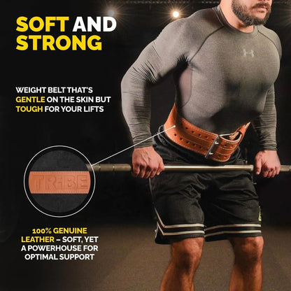 Man wearing the brown Tribe Lifting genuine leather weightlifting belt while training with a barbell, highlighting soft comfort, strong support, and durable lifting stability.