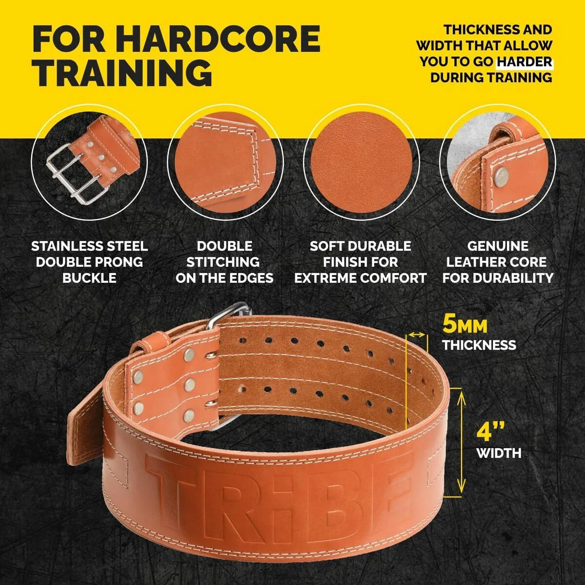 Brown Tribe Lifting 5mm genuine leather weightlifting belt infographic showing double prong buckle, double stitching, soft durable finish, leather core, and 4 inch width for hardcore training support.