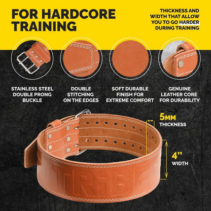 Brown Tribe Lifting 5mm genuine leather weightlifting belt infographic showing double prong buckle, double stitching, soft durable finish, leather core, and 4 inch width for hardcore training support.