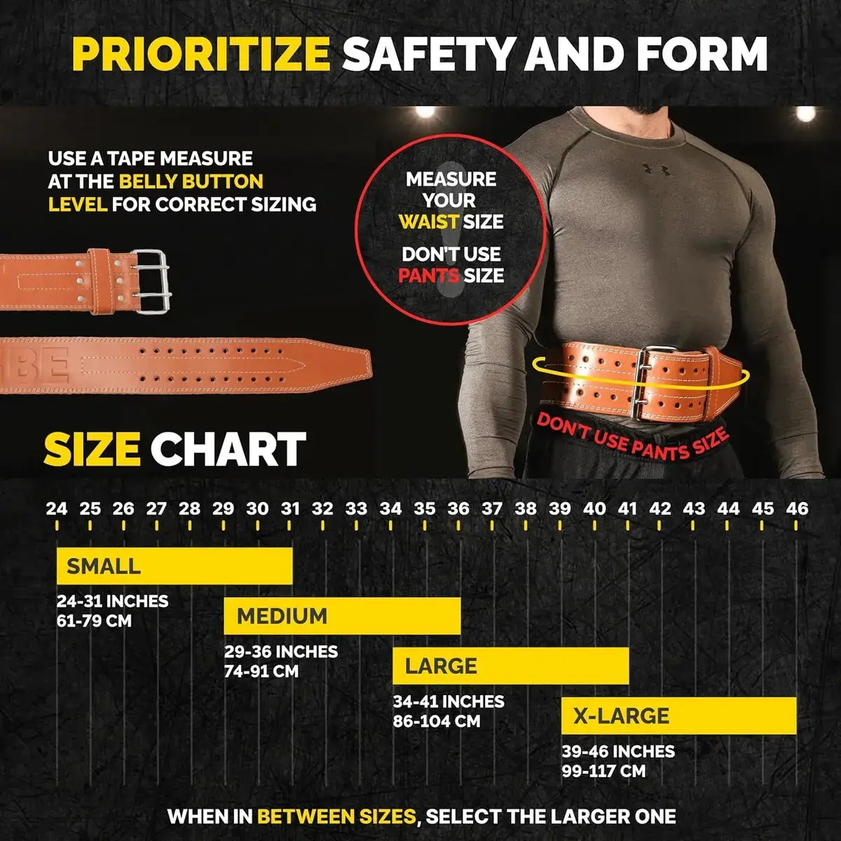 Tribe Lifting brown leather weightlifting belt size chart showing waist measurement instructions, correct sizing at belly button level, and size ranges from small to x-large.