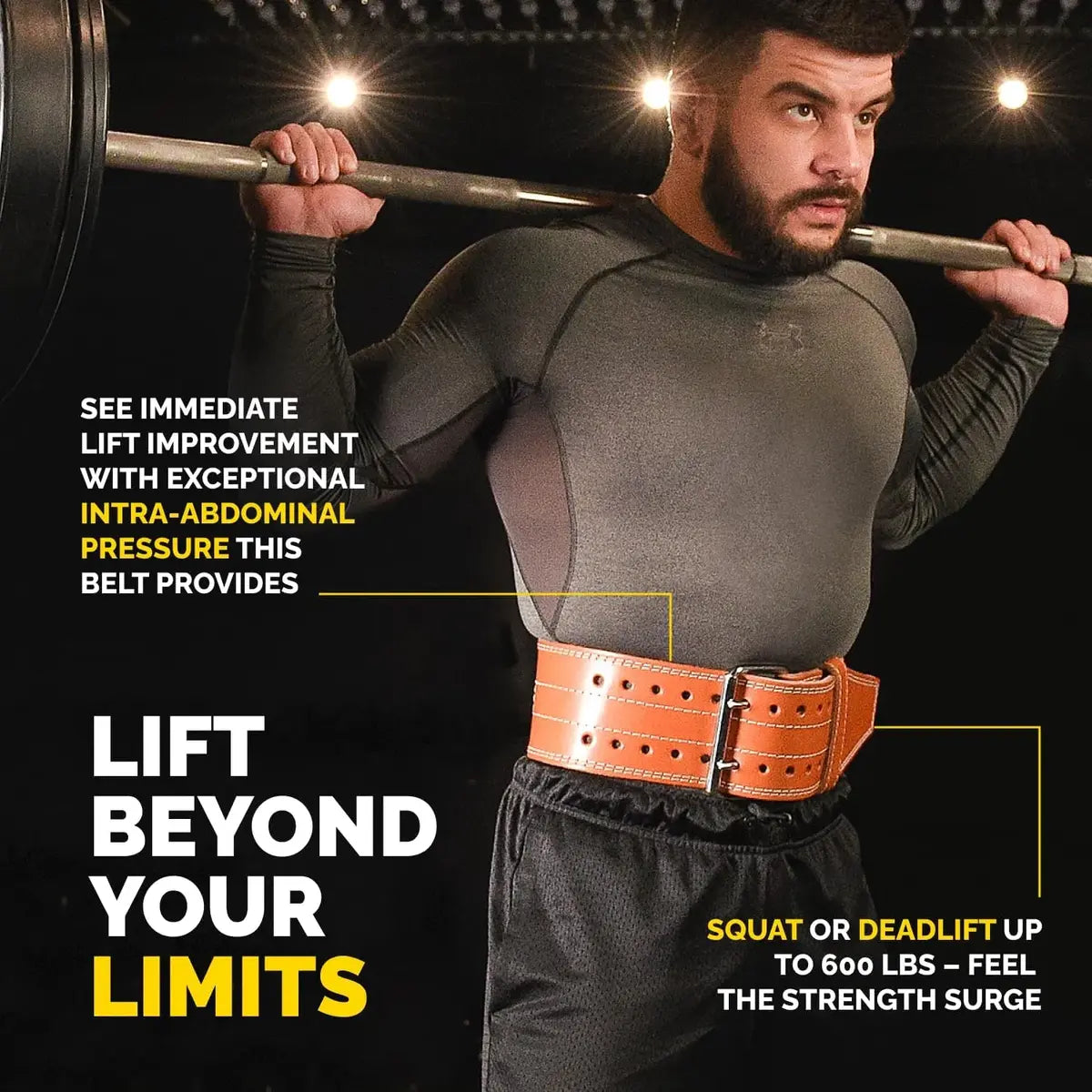 Man wearing the brown Tribe Lifting leather weightlifting belt with a loaded barbell, showing core support, intra-abdominal pressure, and lifting stability for squats and deadlifts.