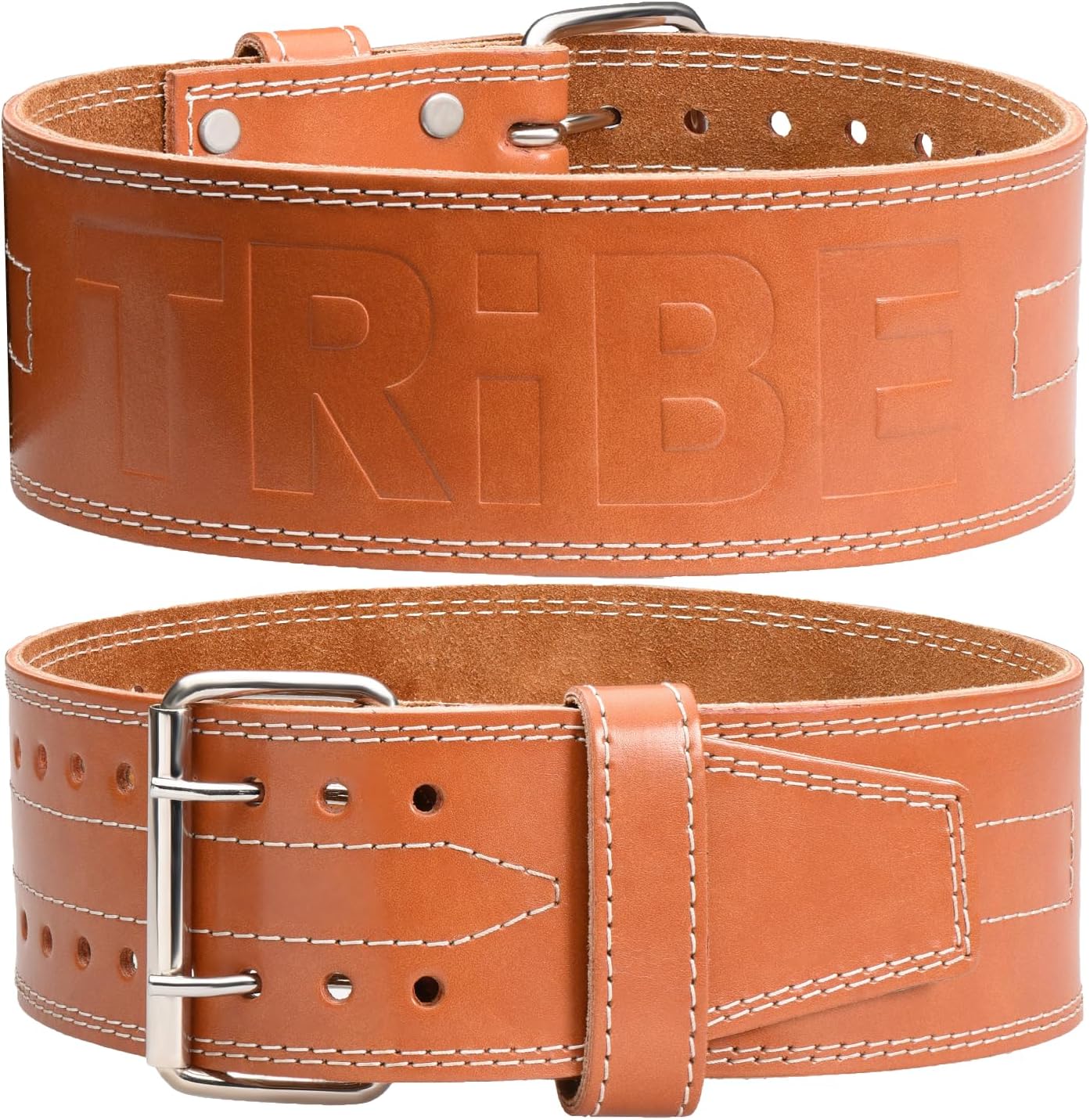 Brown leather Tribe Lifting weightlifting belt with white stitching, metal buckle, and adjustable holes for squat, deadlift, and strength training support.