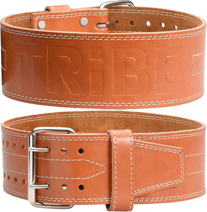 Brown leather Tribe Lifting weightlifting belt with white stitching, metal buckle, and adjustable holes for squat, deadlift, and strength training support.