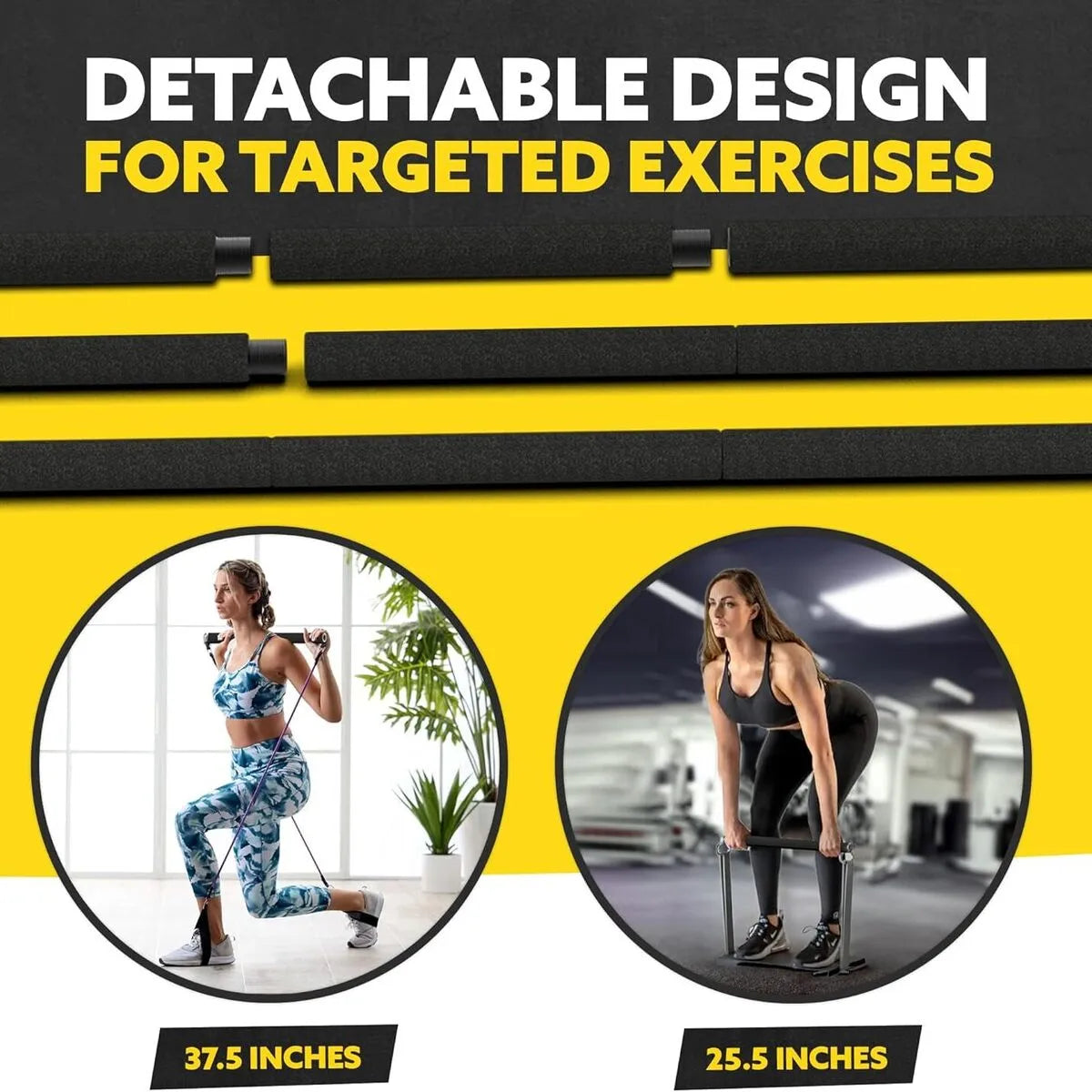 Tribe Lifting detachable black foam resistance band bar showing 25.5 inch and 37.5 inch length options for targeted exercises like lunges, deadlifts, and resistance band strength training.