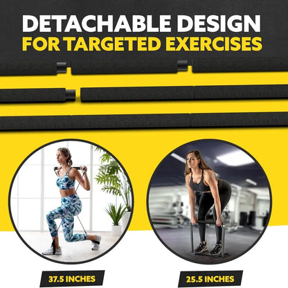 Tribe Lifting detachable black foam resistance band bar showing 25.5 inch and 37.5 inch length options for targeted exercises like lunges, deadlifts, and resistance band strength training.