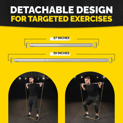 Tribe Lifting detachable steel resistance band bar showing 27 inch and 39 inch length options for targeted exercises like squats, presses, and resistance band strength training.