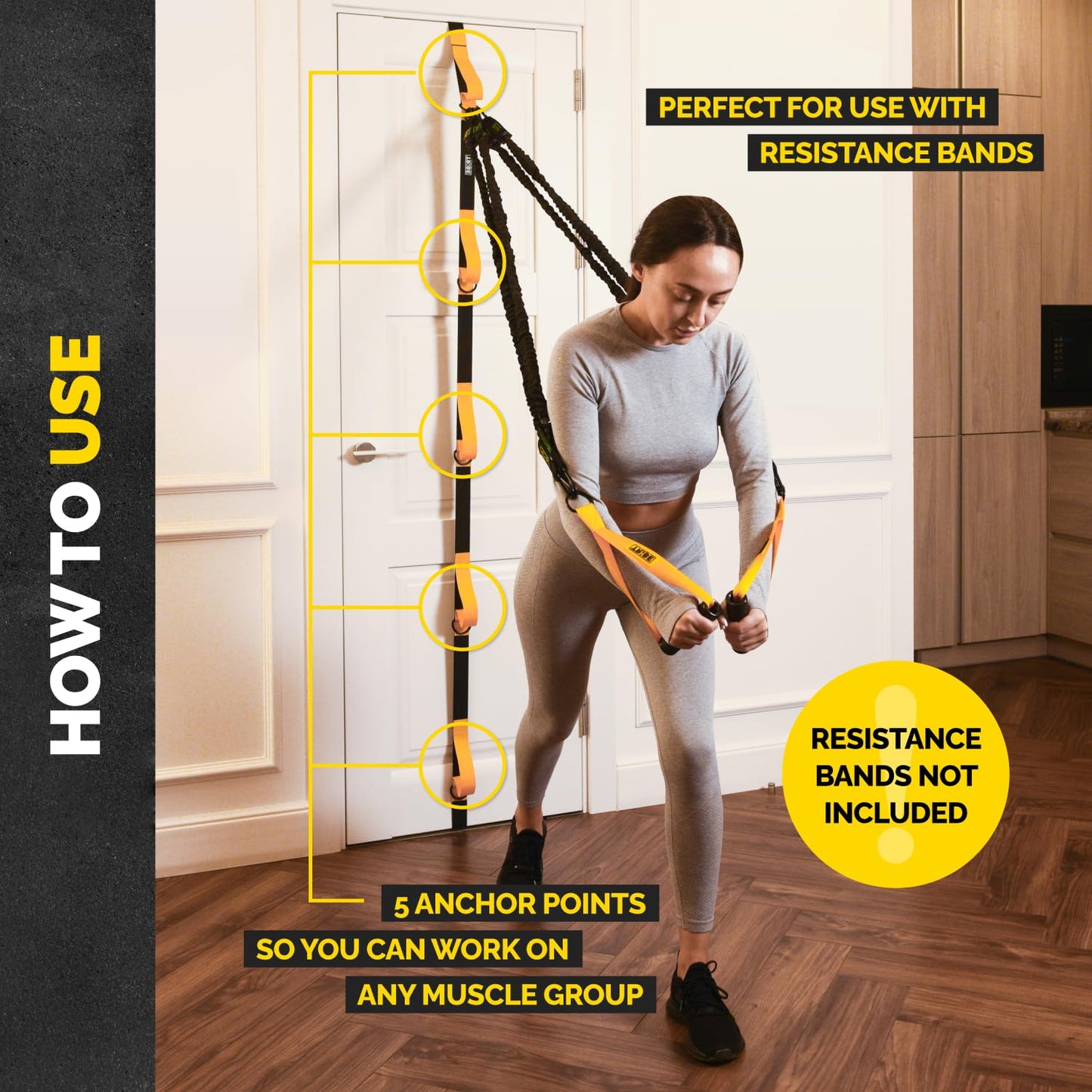Woman using the Tribe Lifting door anchor for resistance bands at home with 5 anchor points for full body workouts