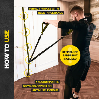 Man using the Tribe Lifting door anchor for resistance bands with five anchor points for full body home workouts