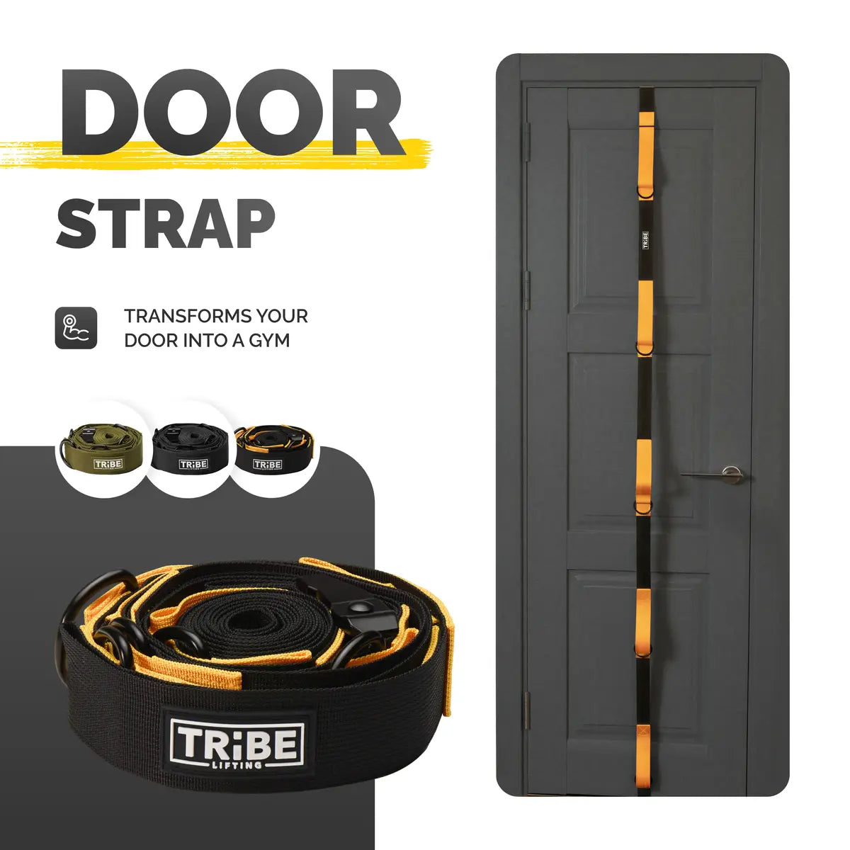 Tribe Lifting door strap system for resistance bands mounted on a door with the compact anchor kit shown