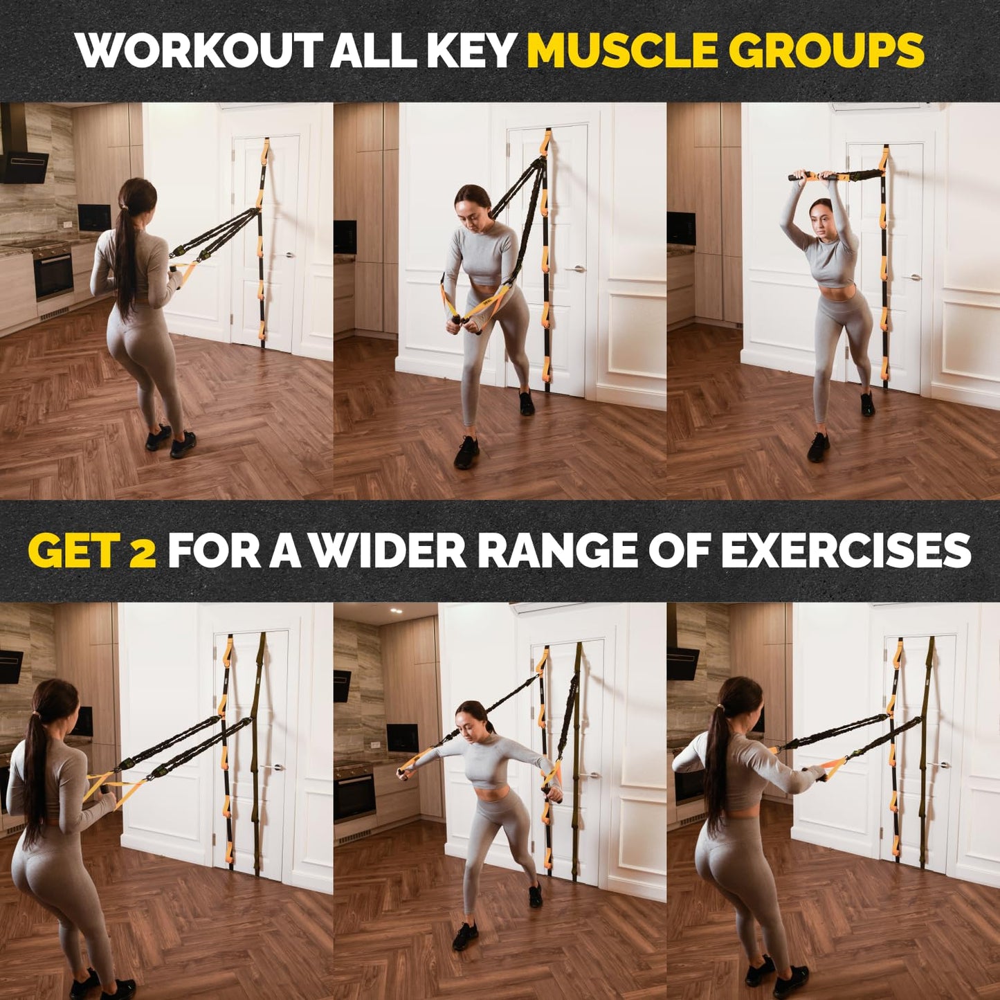 Woman using the Tribe Lifting door anchor for resistance bands to train multiple muscle groups with single and dual anchor workout variations