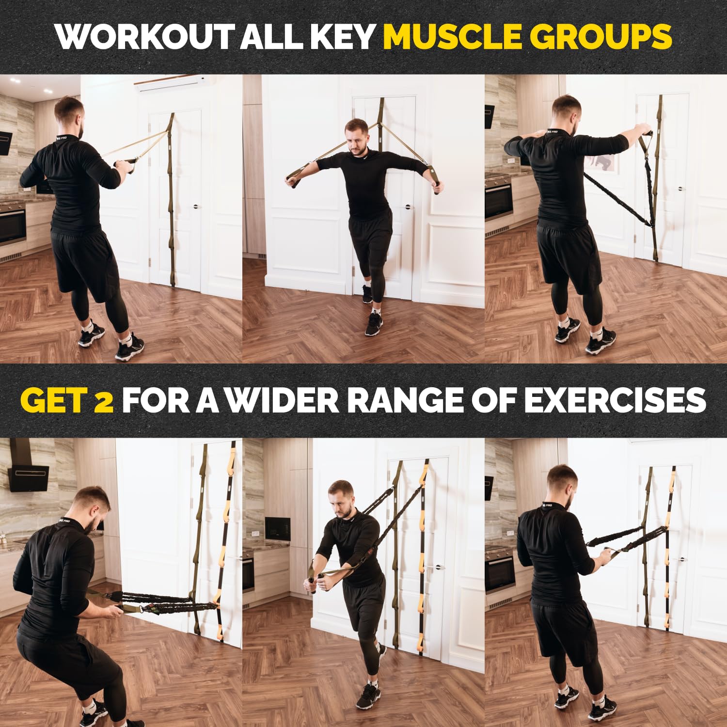 Man demonstrating multiple full body exercises with the Tribe Lifting door anchor for resistance bands during a home workout