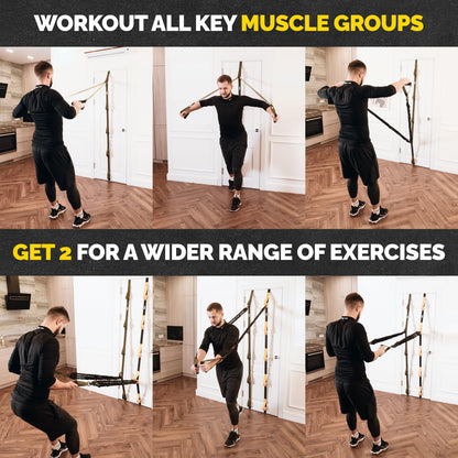 Man demonstrating multiple full body exercises with the Tribe Lifting door anchor for resistance bands during a home workout