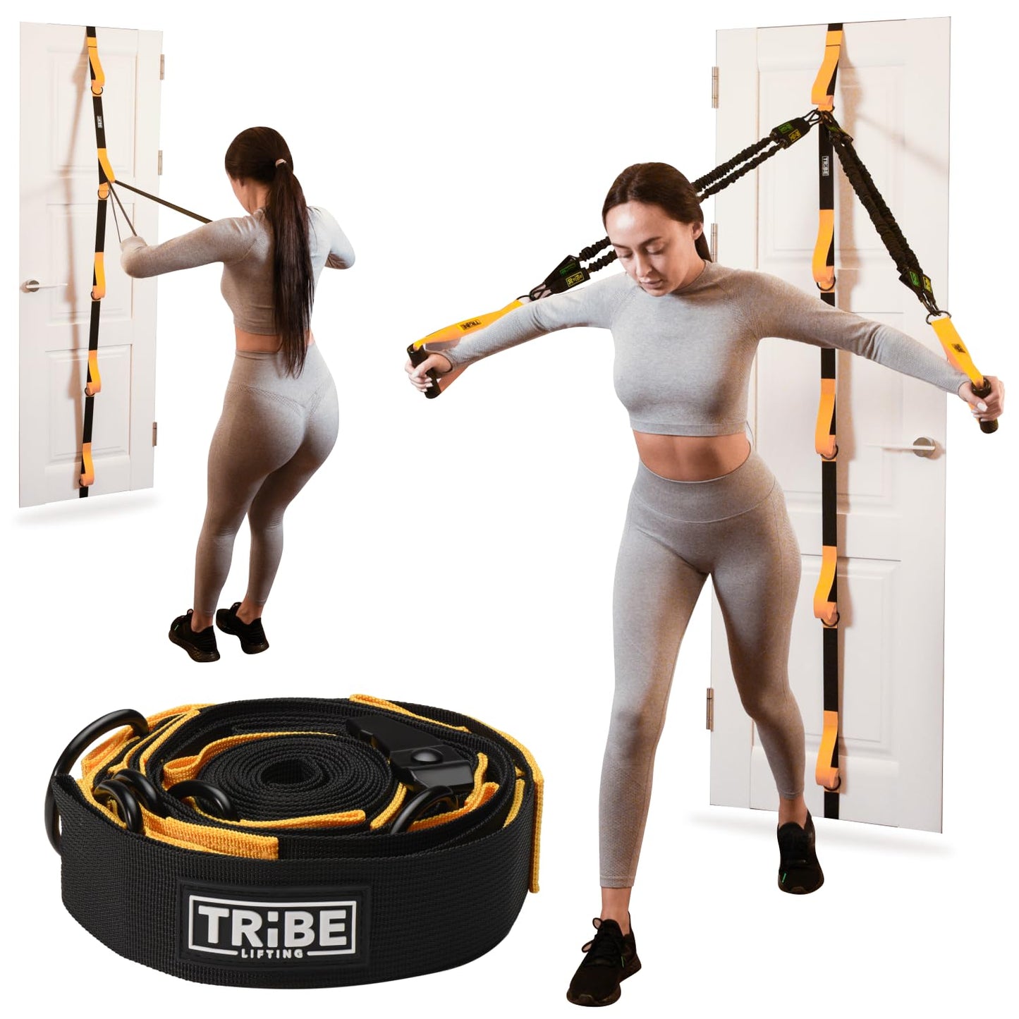 Woman using the Tribe Lifting door anchor for resistance bands during a home workout with the full anchor system and accessories shown