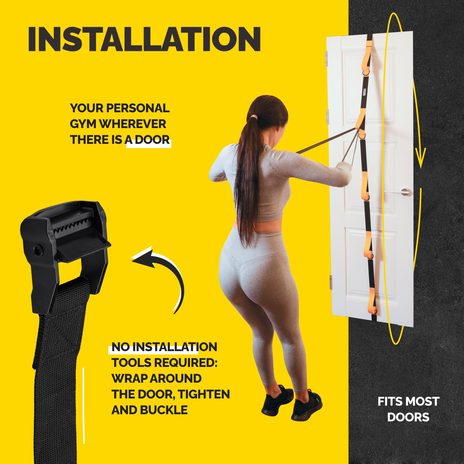 Woman installing and using the Tribe Lifting door anchor for resistance bands on a door with no tools required and a fits most doors design