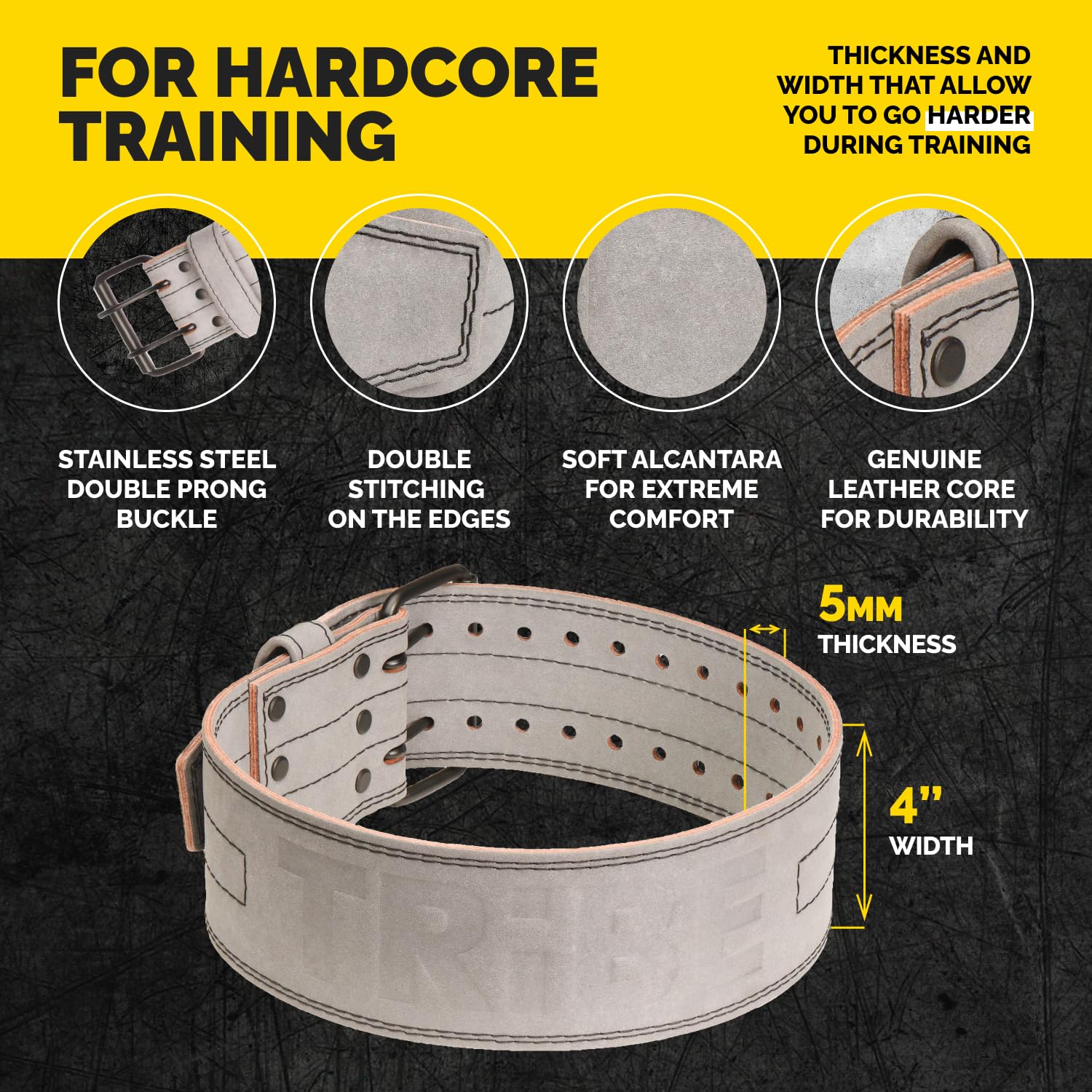 Gray Alcantara Tribe Lifting 5mm genuine leather weight lifting belt showing double prong buckle stitching Alcantara finish leather core and 4 inch width for hardcore training