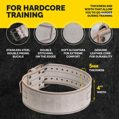 Gray Alcantara Tribe Lifting 5mm genuine leather weight lifting belt showing double prong buckle stitching Alcantara finish leather core and 4 inch width for hardcore training