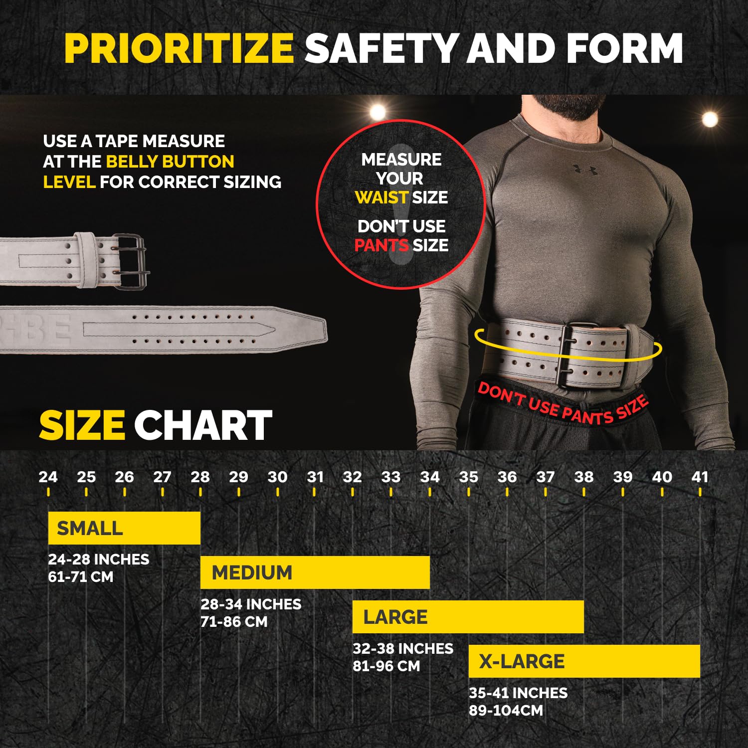 Size chart for the gray Alcantara Tribe Lifting 5mm genuine leather weight lifting belt with waist measurement guidance and small to x-large sizing