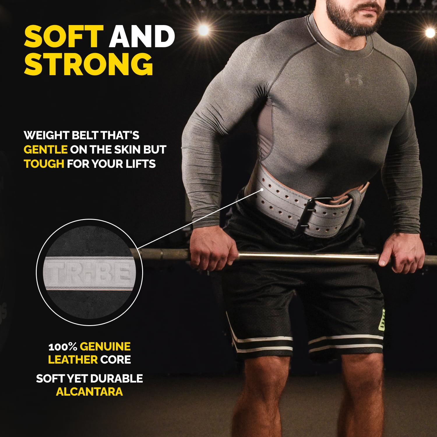 Man using the gray Alcantara Tribe Lifting 5mm genuine leather weight lifting belt during a lift with emphasis on soft comfort and strong support