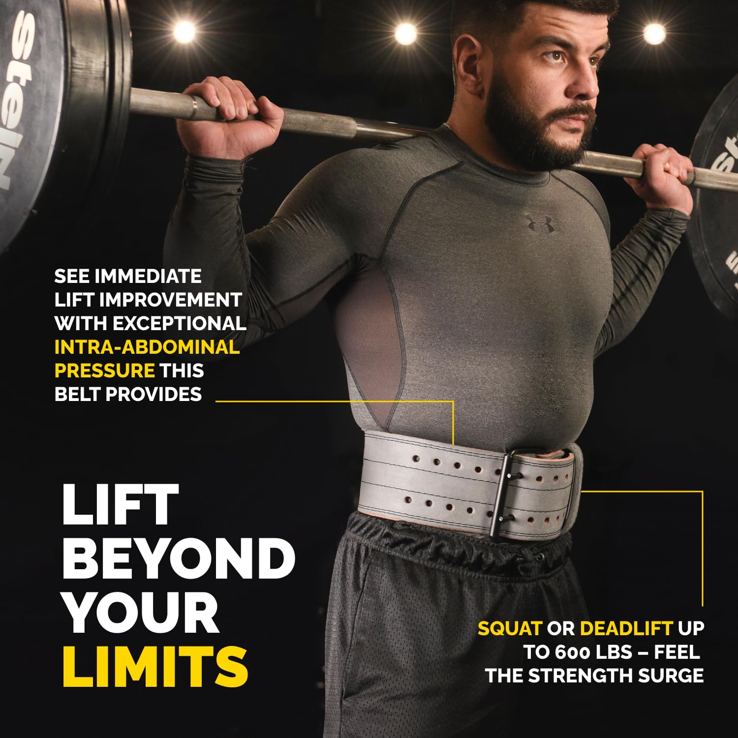 Man wearing the gray Alcantara Tribe Lifting 5mm genuine leather weight lifting belt while performing a barbell squat for added core support and lifting stability