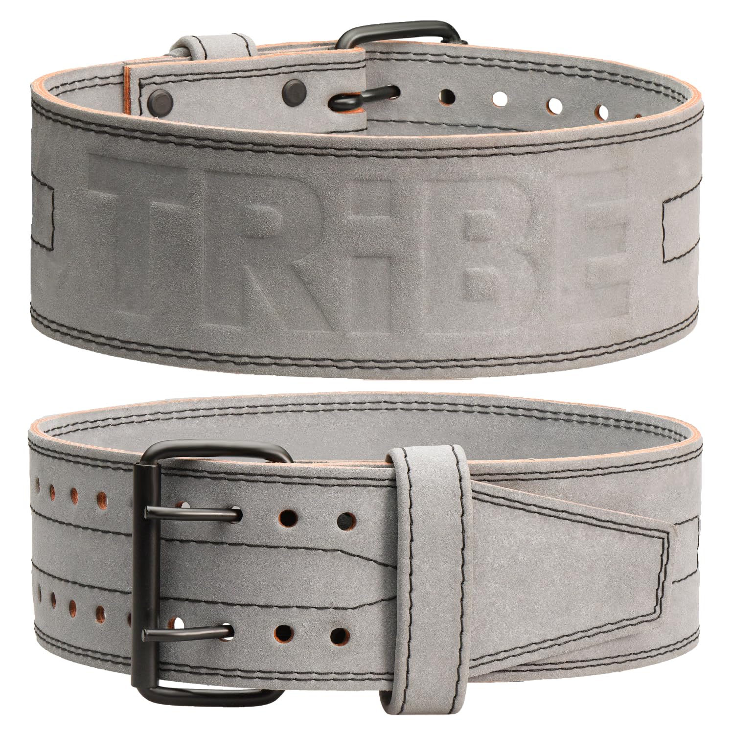 Tribe Lifting 5mm genuine leather weight lifting belt in gray Alcantara with double-prong buckle shown from front and back views