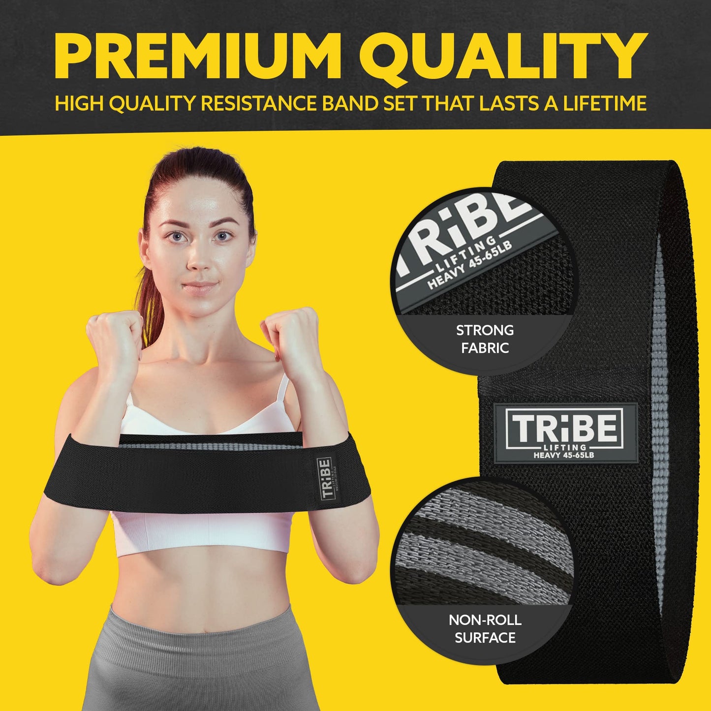 Heavy resistance band from the Tribe Lifting gray and black premium resistance bands set 3 showing strong fabric and non-roll surface details