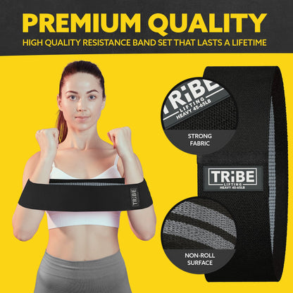 Heavy resistance band from the Tribe Lifting gray and black premium resistance bands set 3 showing strong fabric and non-roll surface details