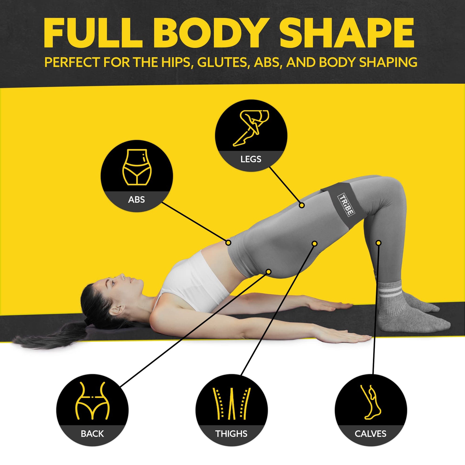 Woman demonstrating a glute bridge with the gray fabric resistance band from the Tribe Lifting resistance bands set of 5 with target areas highlighted