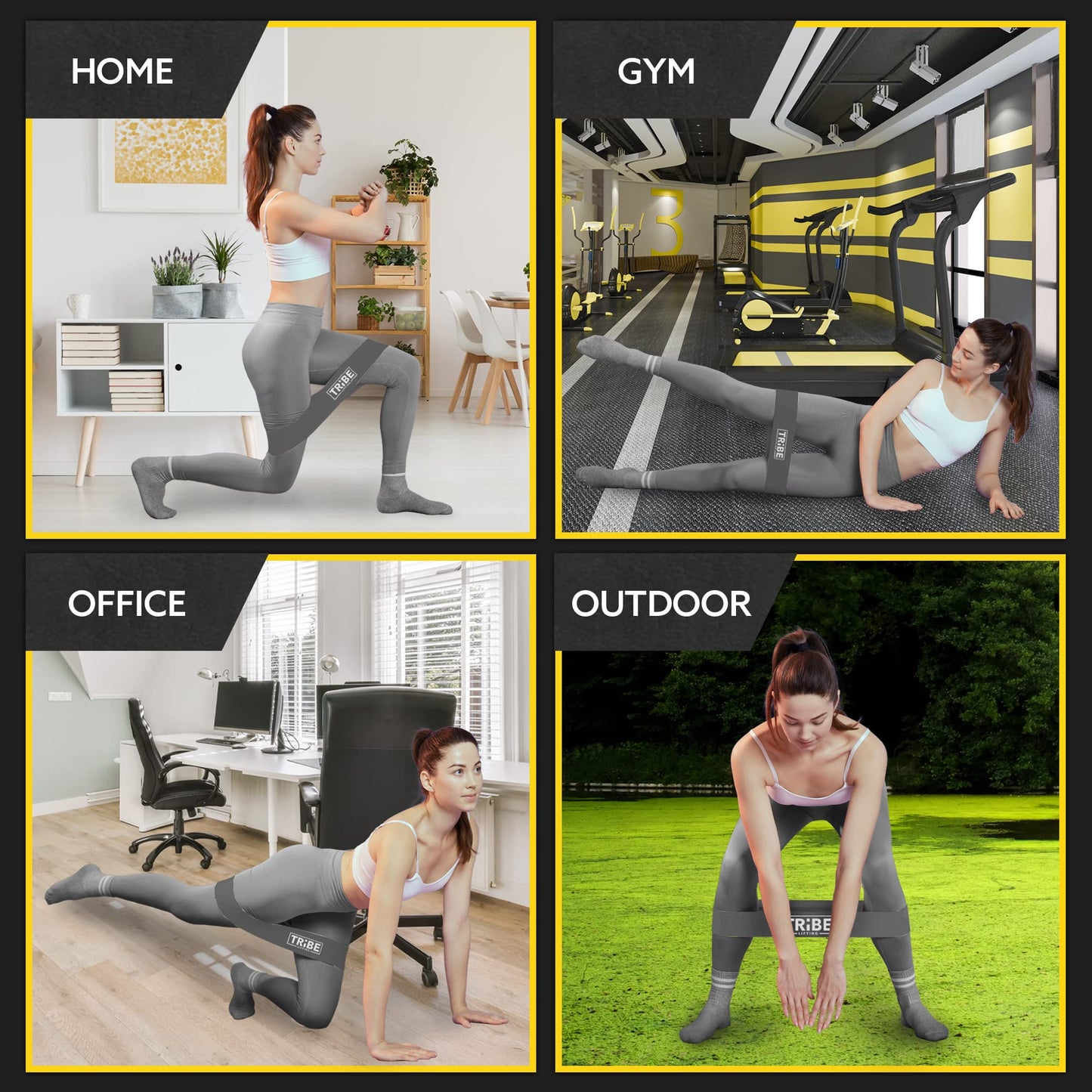 Woman using the gray fabric resistance band from the Tribe Lifting resistance bands set of 5 for home gym office and outdoor workouts