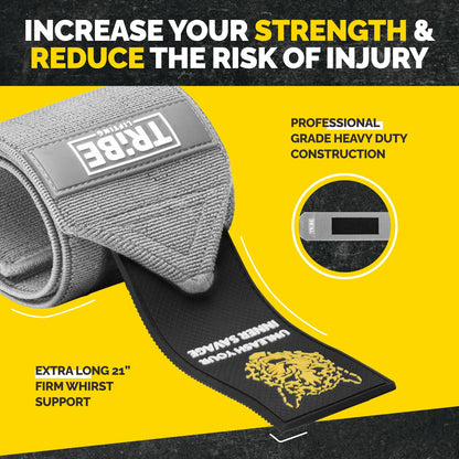 Gray Tribe Lifting heavy-duty 21 inch wrist wraps close-up showing professional grade construction, firm wrist support, reinforced materials, and padded stability for weightlifting.