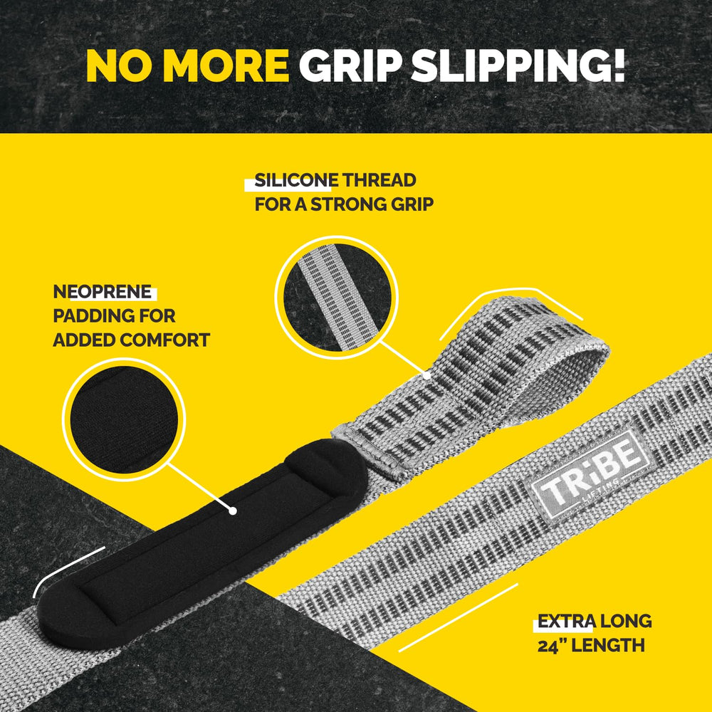 Gray Tribe Lifting heavy-duty 24 inch lifting straps with silicone thread for strong grip, neoprene padding for comfort, and extra long design to help prevent grip slipping during weightlifting.