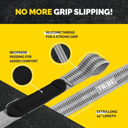 Gray Tribe Lifting heavy-duty 24 inch lifting straps with silicone thread for strong grip, neoprene padding for comfort, and extra long design to help prevent grip slipping during weightlifting.
