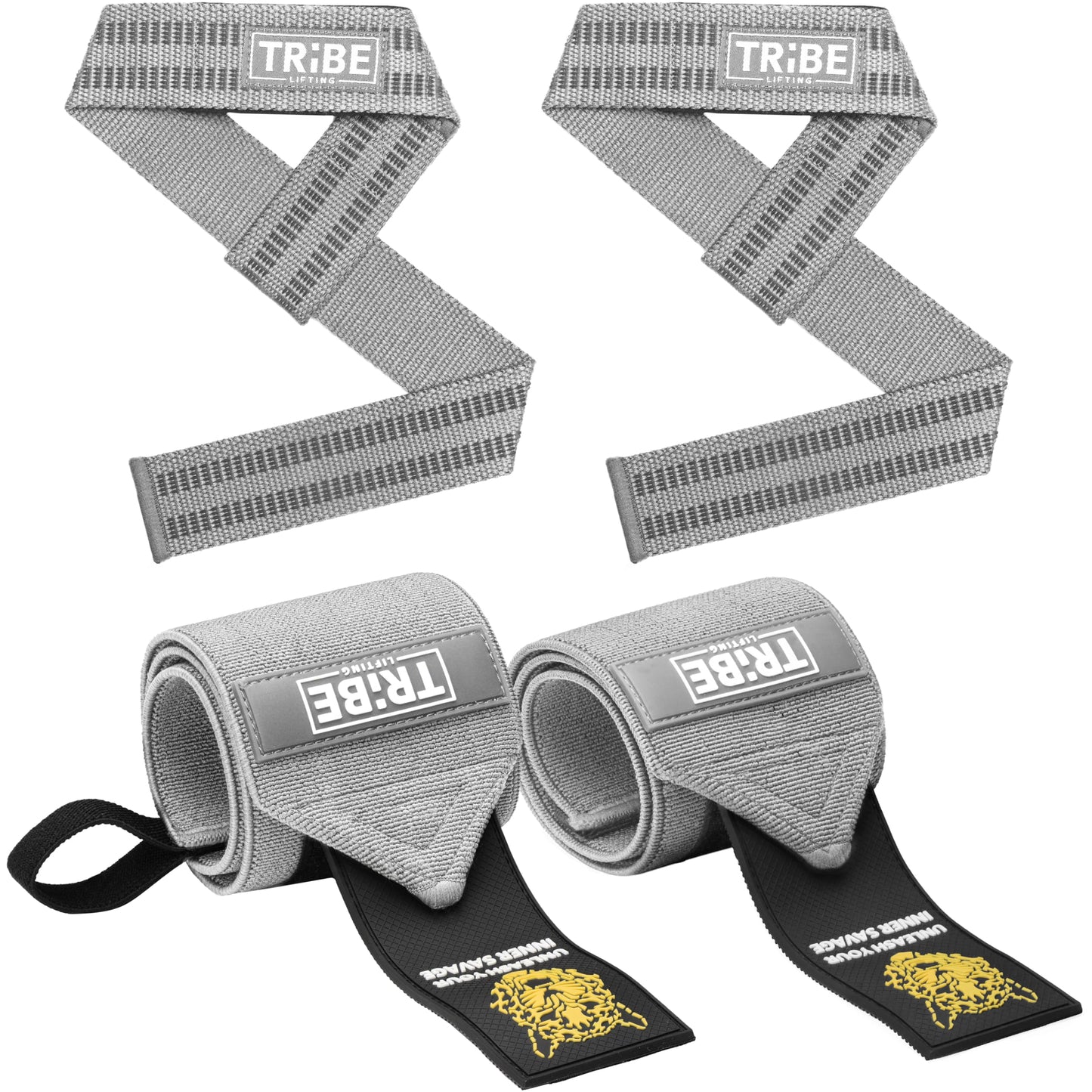 Gray Tribe Lifting heavy-duty wrist wraps and lifting straps set with silicone grip, padded wrist support, reinforced materials, and professional grade stability for weightlifting and strength training.