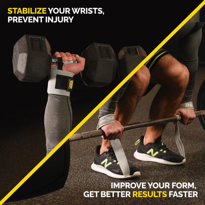 Athlete wearing gray Tribe Lifting wrist wraps and lifting straps while lifting dumbbells and deadlifting, showing wrist stabilization, improved form, grip support, and strength training stability.