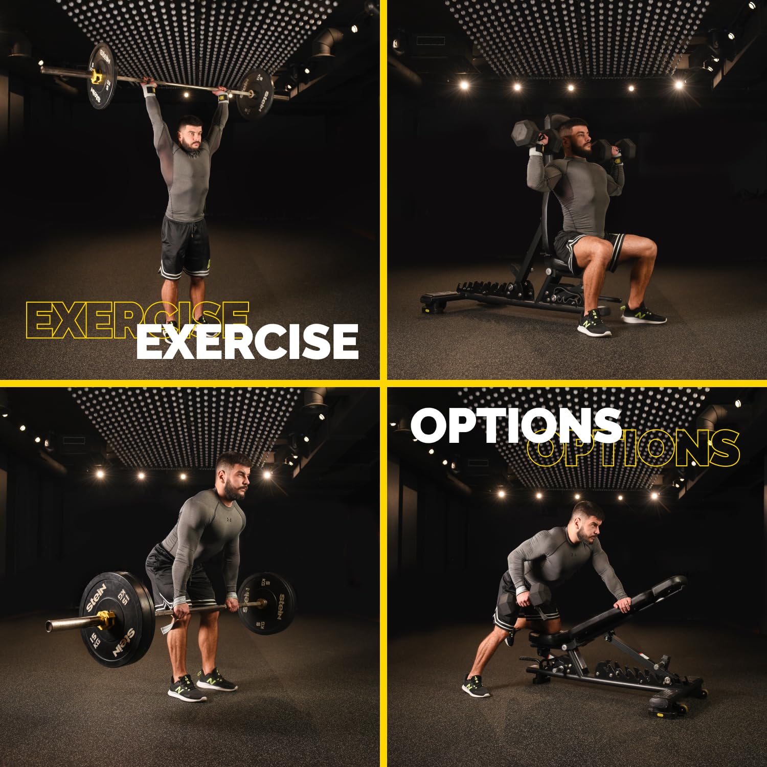 Man wearing gray Tribe Lifting wrist wraps and lifting straps while performing overhead press, shoulder press, deadlift, and bench row exercises for wrist support and grip stability.
